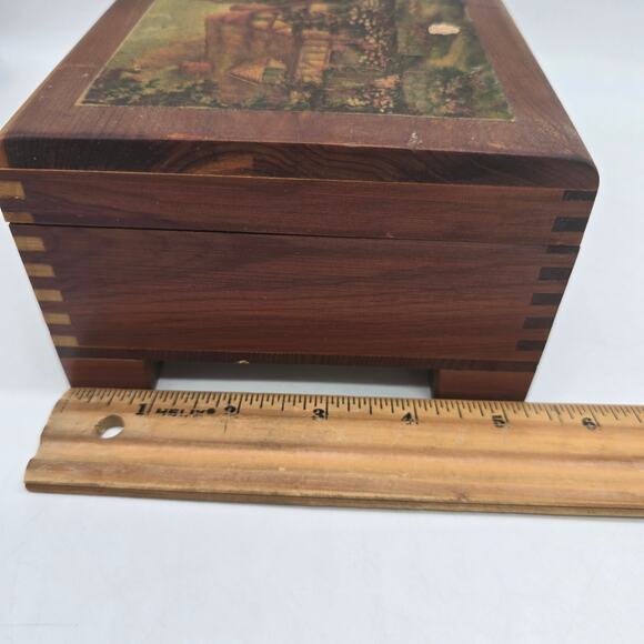 Vintage Wood Jewelry Trinket Box with Hinged Cottage Scene Lid Brown - Picture 9 of 10